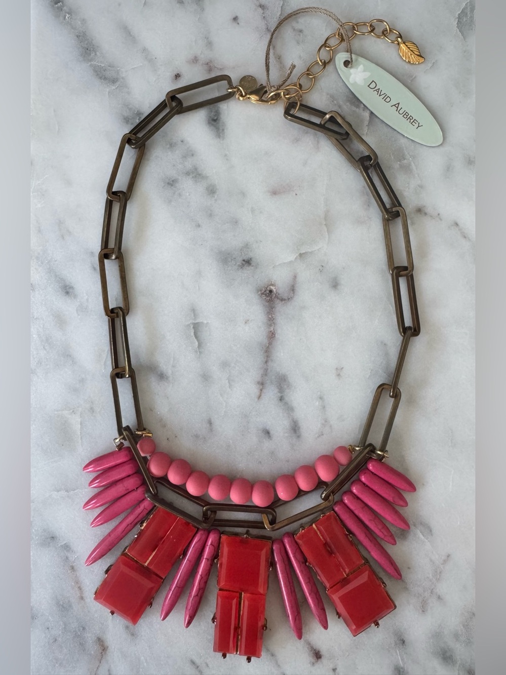 David Aubrey Coral Pink Statement Necklace – Antique Brass Link Bib